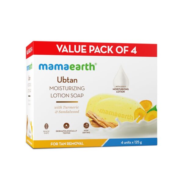 Mamaearth Ubtan Moisturizing Lotion Soap 125 g (Pack of 4) | Removes Tan | Benefits of Lotion in a Soap | Gently Exfoliates & Deeply Cleanses | Nourishes Dry Skin | Non Drying | Grade 1 Soap - Fast Shipping to USA & Canada