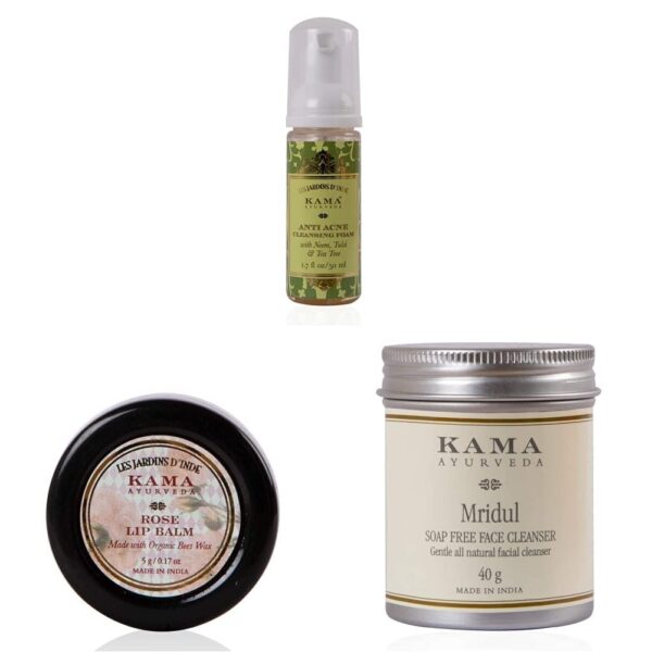 Kama Ayurveda Anti Acne Cleansing Foam, 50ml & Kama Ayurveda Rose Lip Balm, 5g & Kama Ayurveda Mridul Soap-Free Face Cleanser, 40g - Fast Shipping to USA & Canada