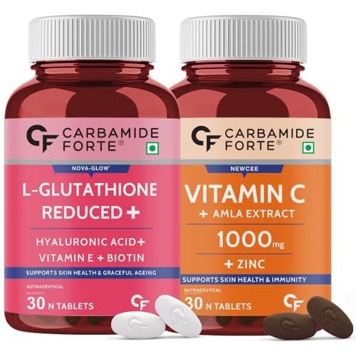 Carbamide Forte Japanese Reduced L Glutathione Tablets with Vitamin C from Amla Extract, Collagen, Lycopene Combo Pack for Skin Health (1000mg) - 30 Veg Tablets Each - Fast Shipping to USA