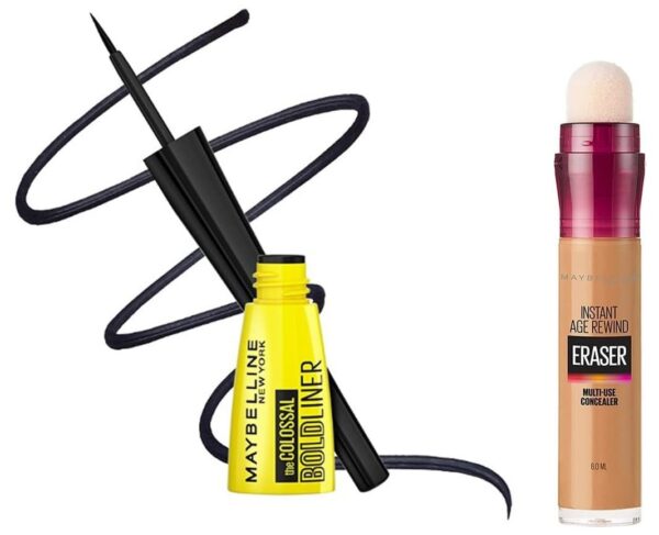 Maybelline New York Full Luminous Natural Finish Liquid Instant Age Rewind Concealer, Caramel, 6ml and Colossal Bold Eyeliner, Black, 3g - Fast Shipping to USA & Canada
