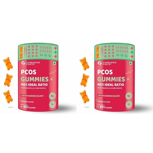 Carbamide Forte PCOS Supplements for Women with 40:1 Ratio of Myo & D Chiro Inositol Fortified with PCOS Vitamins & Minerals - Orange Flavour - 60 Veg Gummies (Pack of 2) - Fast Shipping to USA