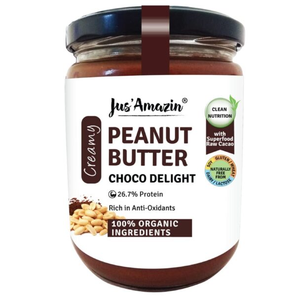 Jus' Amazin Creamy Organic Peanut Butter ? Choco Delight (500g) | 26% Protein | Plant-Based Nutrition | Zero Chemicals | Vegan | Dairy-Free | 100% Organic Ingredients | Chocolate Spread - Fast Shipping to USA & Canada