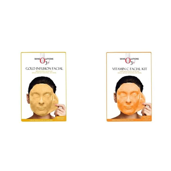 O3+ Gold Infusion Facial Brightening Facial Kit with Peel off Mask, 45 gm & O3+ Vitamin C Facial Kit Depigmentation Single use Kit with Peel Off Mask, 45g Combo - Fast Shipping to USA & Canada