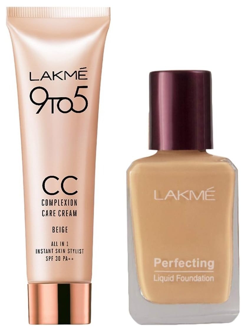 51r0IVTySL.jpg LAKME Perfecting Liquid Foundation, Pearl, Long Lasting, Waterproof, Full Coverage, 27ml & 9 To 5 CC Cream Mini, 01 - Beige, Light Face Makeup With Natural Coverage, Spf 30, 9g - Fast Shipping to USA & Canada - Image 1