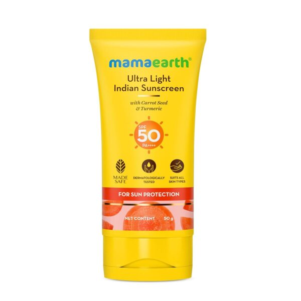Mamaearth Ultra Light Indian Sunscreen-50 g with Carrot Seed & Turmeric | SPF 50 PA ++++| UVA & UVB Protection | No White Cast | Non-Greasy & Quick Absorbing | Super Lightweight | Suits All Skin Types - Fast Shipping to USA & Canada