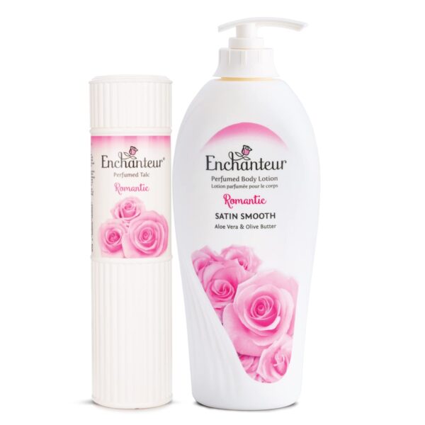 Enchanteur Romantic Perfumed Talc for Women, 250g & Enchanteur Romantic Perfumed Body Lotion, 500ml, with Aloe Vera & Olive Butter for Silky Smooth Skin - Fast Shipping to USA & Canada