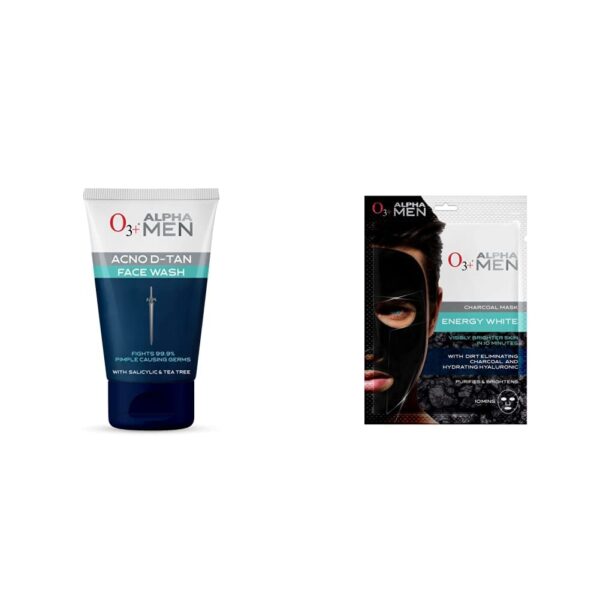 O3+ Alpha Men Acno D-Tan face wash With Tea Tree 100 gram + O3+ Alpha Men Energy White Charcoal Face Sheet Mask 30gm - Fast Shipping to USA & Canada