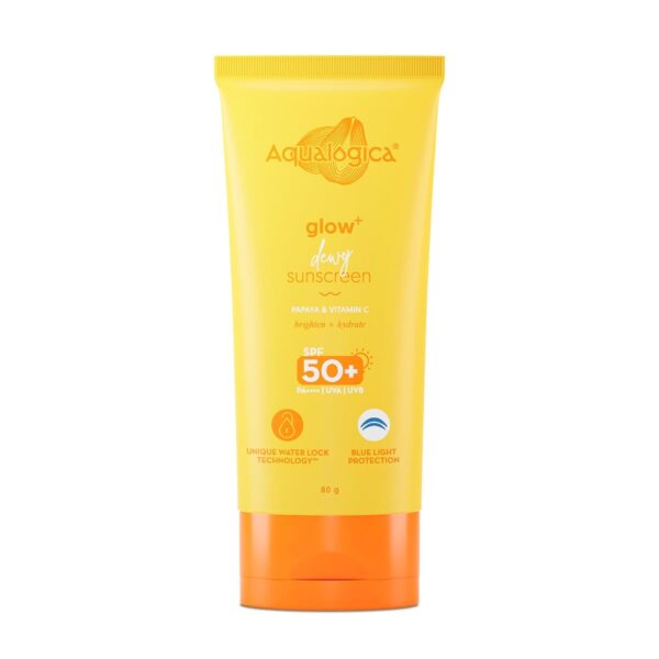 Aqualogica Glow+ Dewy Sunscreen SPF 50 PA++++ with Papaya & Vitamin C | For Dry, Sensitive, Oily & Combination Skin | UVA/B & Blue Light Protection | Fragrance-Free | For Men & Women | 80g - Fast Shipping to USA & Canada
