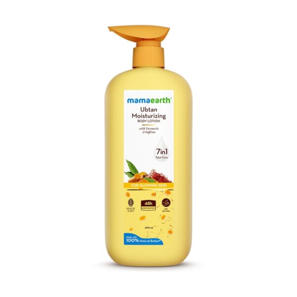 Mamaearth Ubtan Moisturizing Body Lotion with Turmeric & Saffron for Glowing Skin | 48H Moisturization | Nourishes Dry Skin | 7 in1 Total Care | 100% Natural Butter | Non-Greasy Smooth Skin | 400 ml - Fast Shipping to USA & Canada