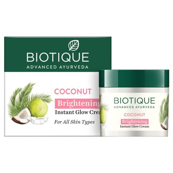Biotique Coconut Brightening Instant Glow Cream| Lightweight and Non-Greasy | Reduces Dark Spots and Protects Ageing | Nourished and Moisturized Skin |100% Botanical Extracts| All Skin Types | 50gm - Fast Shipping to USA & Canada