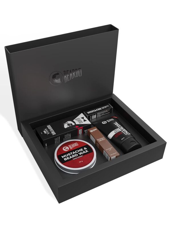 Beardo Gift Box 5-in-1 | Activated Charcoal Facewash 100ml | Godfather Beard oil 30ml | Beardo Beard & Mustache Wax - Extra Strong 50g | Growth Roll on 8ml | Whisky Smoke Perfume for men EDP 8ml | Valentines day gift for husband | Gift for boyfriend | Gift for Men - Fast Shipping to USA & Canada