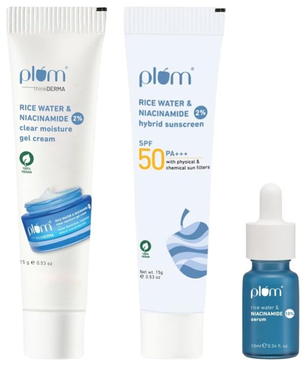 Plum 10% Niacinamide Face Serum 10ml| Plum 2% Niacinamide & Rice Water Hybrid Face Sunscreen with SPF 50 PA+++ 15gm | Plum thinkDERMA 2% Niacinamide & Rice Water Clear Moisture Gel Cream 15gm Combo - Fast Shipping to USA & Canada