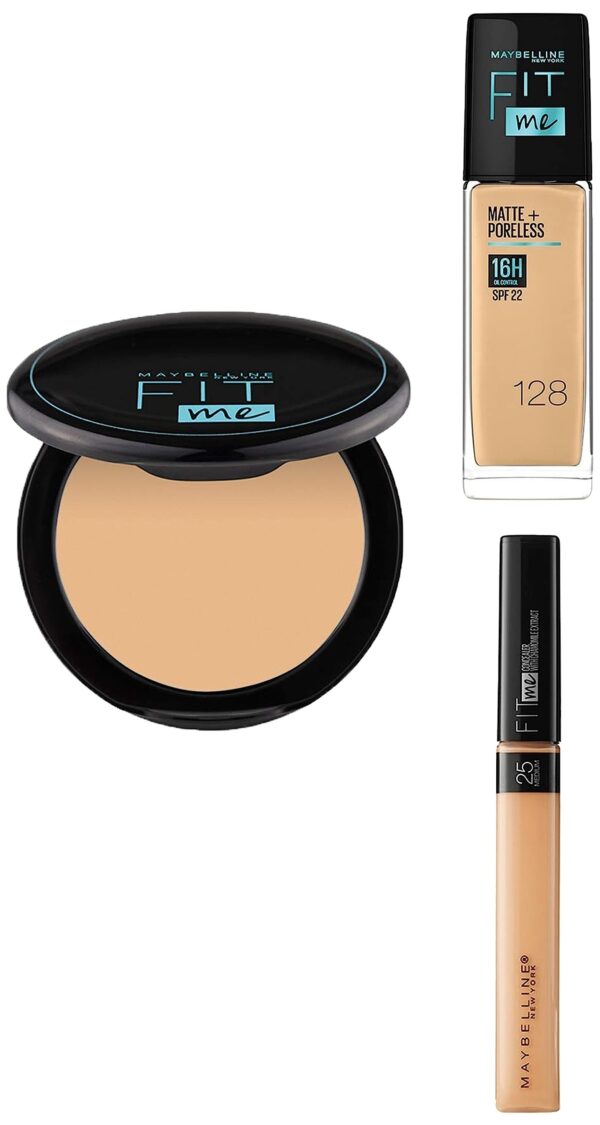 Maybelline New York Fit Me Matte+Poreless Light Coverage Liquid Foundation For Oily Skin oil, 128 Warm Nude 30Ml, Concealer, 25 Medium, 6.8Ml And Compact Powder, Shade 128 Warm Nude, 8G, Pack Of 1 - Fast Shipping to USA & Canada