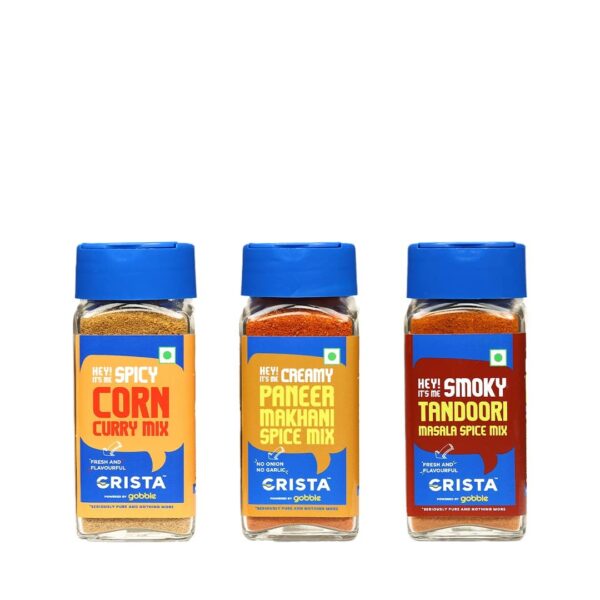 CRISTA SERIOUSLY PURE AND NOTHING MORE Flavours Of India-Gourmet Indian Spice Blends Combo-2|Makhani Gravy Spice Mix 50 Gm|Tandoori Masala Spice Mix 45 Gm|Spicy Corn Curry 45 Gms|Set Of 3