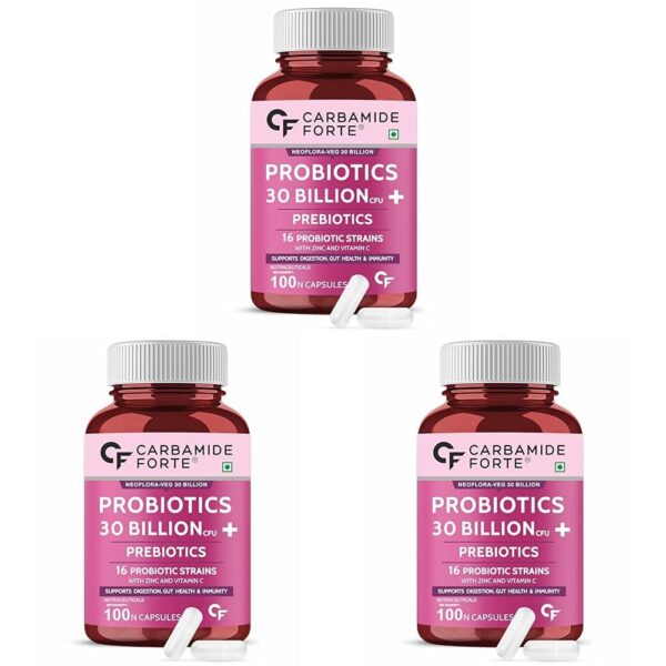 Carbamide Forte Probiotics Supplement 30 Billion for Women & Men - 100 Veg Capsules (Pack of 3) - Fast Shipping to USA