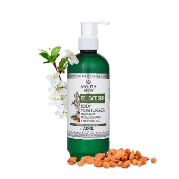 Ayouthveda Delicate Skin Moisturiser Body Lotion | For Nourished & Hydrated Skin| Enriched With Panchtikta Ghrita, Almond Oil & Sesame Oil | Heals Damaged & Rough Skin (Pack Of 1-300ml) - Fast Shipping to USA & Canada