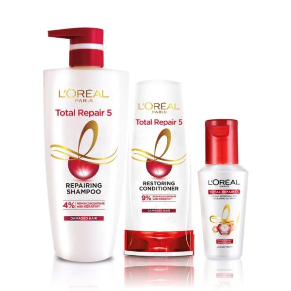 L'Oreal Paris Repairing Shampoo + Restoring Conditioner + Smoothening and Repairing Serum For Damaged and Weak Hair, With Pro-Keratin, Ceramide+UV Filter, Total Repair 5, Bundle pack - Fast Shipping to USA & Canada