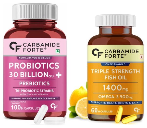 Carbamide Forte Probiotics Supplement 30 Billion for Women & Men - 100 Veg Capsules & Carbamide Forte Triple Strength Fish Oil 1400mg with Omega 3 900mg for Men & Women - 60 Softgel Capsules - Fast Shipping to USA
