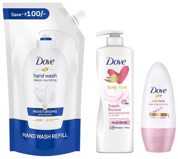 Dove Body Love Supple Bounce Body Lotion &Dove Eventone Deodorant Roll On&Dove Moisturising Liquid Hand Wash 900 ml Refill - Fast Shipping to USA & Canada