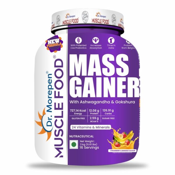 Dr. Morepen Mass Gainer Banana Strawberry Flavor 3kg 16 Servings | Lean Muscle Mass Gainer | Unique Blend Of 3 Sources Of Protein, Carbs, 24 Vitamins & Minerals - Fast Shipping to USA