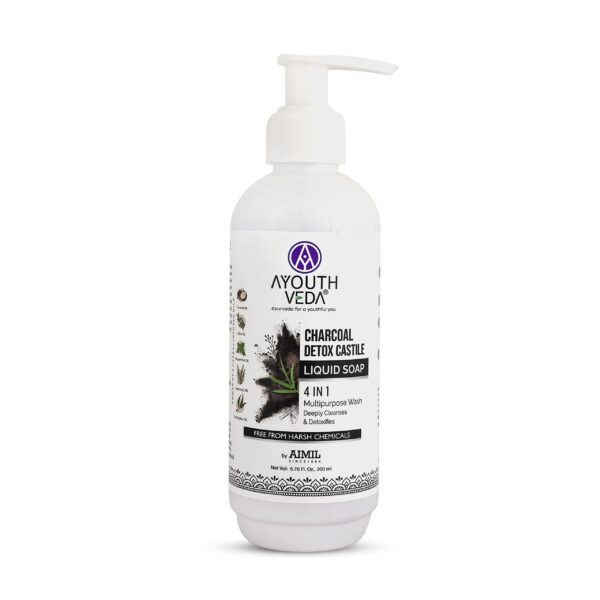 Ayouthveda Charcoal Detox Castile Liquid Soap 4 in 1 | Multipurpose Wash for Face & Body | Deeply Cleanses & Detoxifies Skin | Germ Protection Wash (Pack of 2-200ml each) - Fast Shipping to USA & Canada