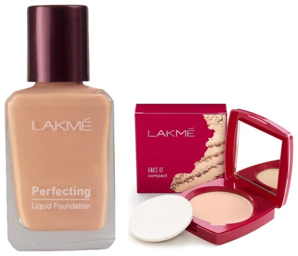 LAKME Perfecting Matte Liquid Foundation for All Skin Type,Marble,Waterproof Full Coverage Long Lasting - Light Oil Free Face Makeup With Vitamin E,Dewy Finish Glow,27 Ml & Face It Compact,Pearl,9 G - Fast Shipping to USA & Canada