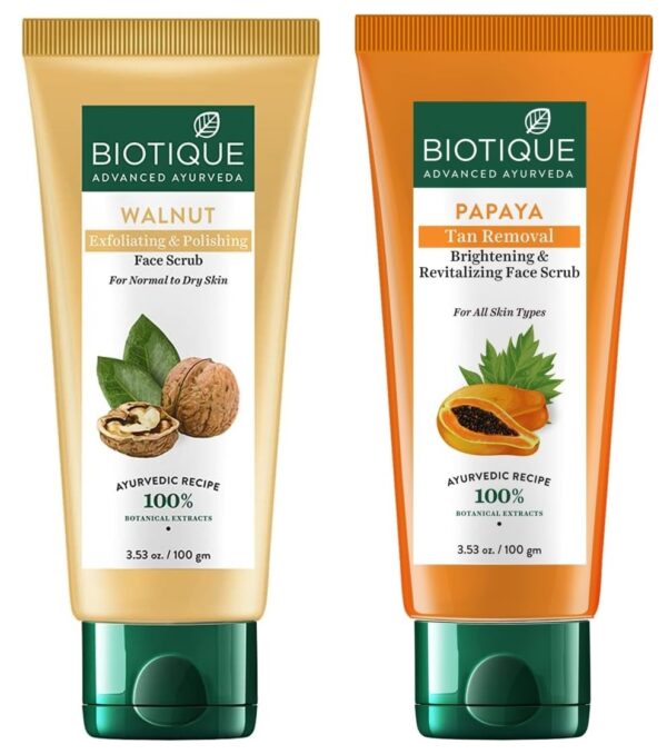 Biotique Bio Papaya Revitalizing Tan-Removal Scrub, 100g & Walnut Purifying & Polishing Scrub, 100g - Fast Shipping to USA & Canada