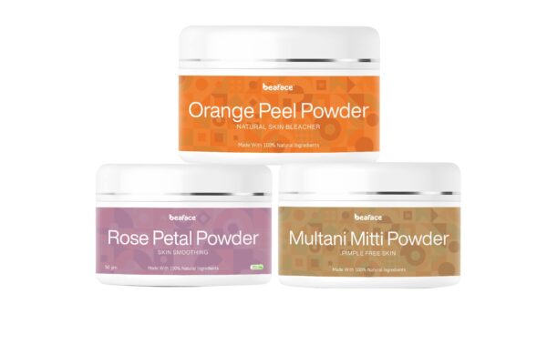 Beaface Combo Pack Orange Peel Powder Natural Bleacher -100gm | Rose Petal Powder Skin Enhancer -50gm | Multani Mitti Powder Acne Remover-100gm (Pack of 3)