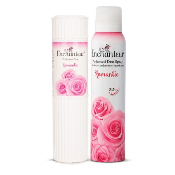 Enchanteur Romantic Perfumed Deo Spray For Women, 150ml & Romantic Perfumed Talc For Women, 250g - Fast Shipping to USA & Canada