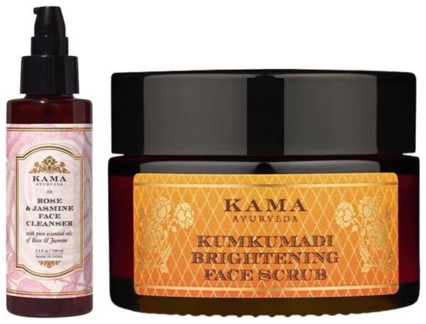 Kama Ayurveda Rose and Jasmine Face Cleanser with the Pure Essential Oils of Rose and Jasmine, 100ml & Kama Ayurveda Kumkumadi Brightening Face Scrub 25gm - Fast Shipping to USA & Canada