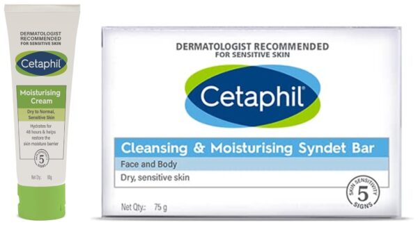 Cetaphil Moisturising Cream for Face & Body, Dry to Normal skin, 80 gm&Cetaphil VVF India Cleansing And Moisturising Syndet Bar, 75g - Fast Shipping to USA & Canada