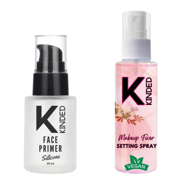 KINDED Silicone Gel Based Face Primer And Makeup Fixer Setting Spray Combo with Aloe Vera Extracts Almond & Jojoba Oil for Women Girls Dry Oily Combination All Skin Type - Primer 30 ML, Fixer 60 ML - Fast Shipping to USA & Canada