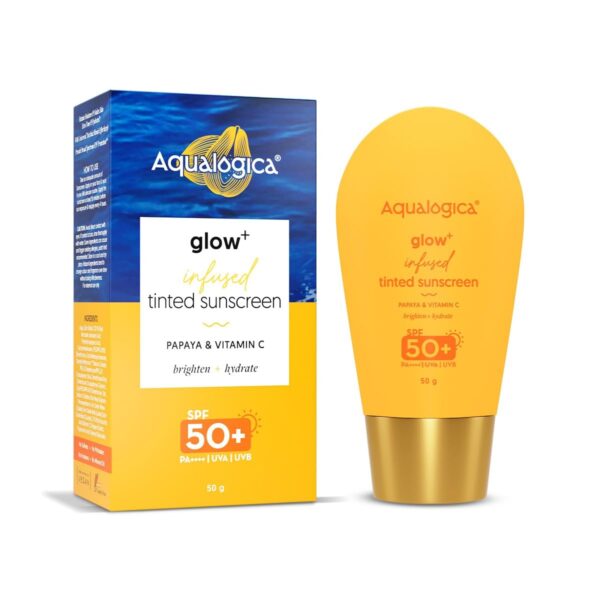 Aqualogica Glow+ Infused Tinted Sunscreen For All Skin Types Spf 50+ Pa++++ With Papaya & Vitamin C | Protection Against Uva/B | Universal Tint | For Glowing & Sun-Safe Skin | 50 Gm, Pack Of 1 - Fast Shipping to USA & Canada