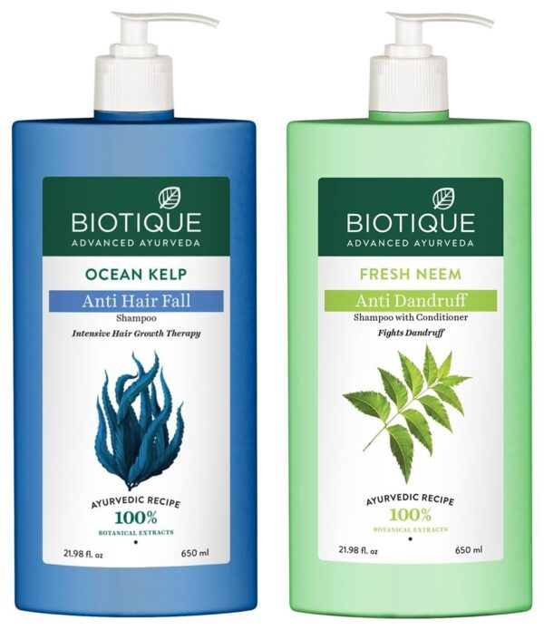 Biotique Bio Kelp Protein Shampoo For Falling Hair Intensive Hair Regrowth Treatment, 650ml & Bio Neem Margosa Anti Dandruff Shampoo & Conditioner, 650ml - Fast Shipping to USA & Canada