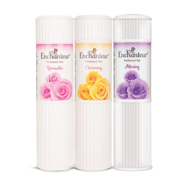 Enchanteur Romantic Perfumed Talc for Women, 250g with Roses & Jasmine & Perfumed Talc for Women, 250g with Roses, Muguets & Cedarwood & Alluring Perfumed Talc Roses and Exotic Irises, 250 g - Fast Shipping to USA & Canada
