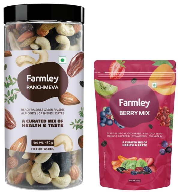 Farmley Premium Mixed Dry Fruits Panchmeva Superfood Tasty & Trail Mix Healthy Snacks Contains Almond,Cashew,Dates,Green And Black Raisins 450 Gm & Farmley Berry Mix 200g - Fast Shipping to USA & Canada