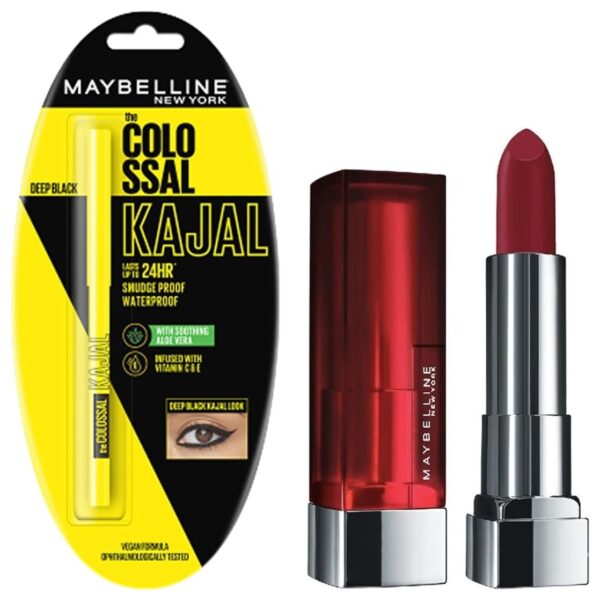 Maybelline New York Colossal Kajal, Black, 0.35g & Maybelline New York Color Sensational Creamy Matte Lipstick, 695 Divine Wine, 3.9g - Fast Shipping to USA & Canada