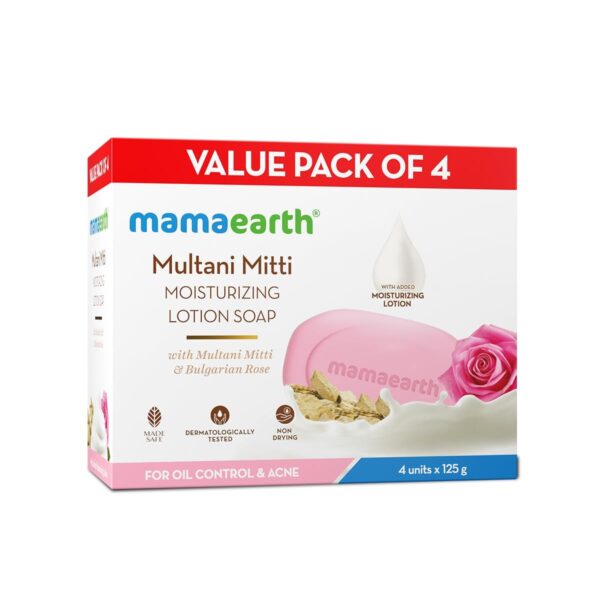 Mamaearth Multani Mitti Moisturizing Lotion Soap with Multani Mitti & Rose for Oil Control & Acne 125g (Pack of 4) | Benefits of Lotion in a Soap | Deeply Cleanses & Moisturizes | Grade 1 Acne Soap - Fast Shipping to USA & Canada