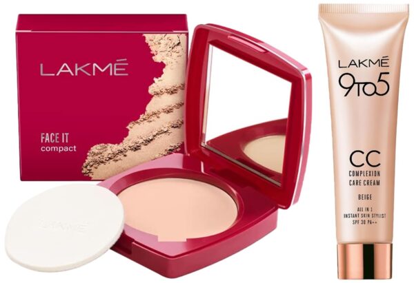 LAKME Face It Compact, Pearl, 9 g & Lakme 9 to 5 CC Cream Mini, 01 - Beige, Light Face Makeup with Natural Coverage, SPF 30 - Tinted Moisturizer to Brighten Skin, Conceal Dark Spots, 9 g - Fast Shipping to USA & Canada