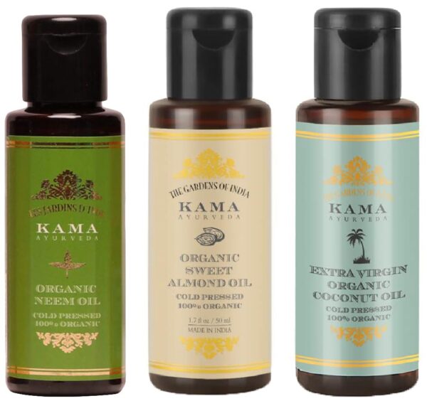 Kama Ayurveda Organic Sweet Almond Oil & Kama Ayurveda Extra Virgin Organic Coconut Oil - 50ml & Kama Ayurveda Organic Neem Oil, 50 ml - Fast Shipping to USA & Canada