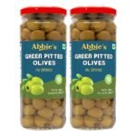Abbie's Green Pitted Olives, 450g, Pack of 2, for Authentic Taste in Cooking, Snacking, Pizzas toppings or Italian Pastas Ingredients. - Fast Shipping to USA & Canada