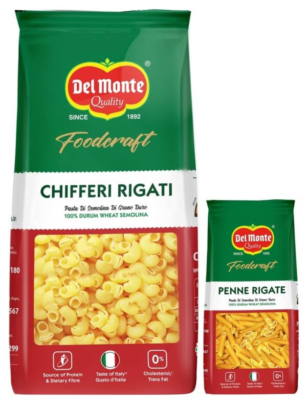 Del Monte FoodCraft Chifferi Pasta, 100% Durum Wheat Semolina, 1kg & Del Monte Foodcraft Penne Rigate Pasta (100% Durum Wheat - No Maida), 500 grams - Fast Shipping to USA & Canada