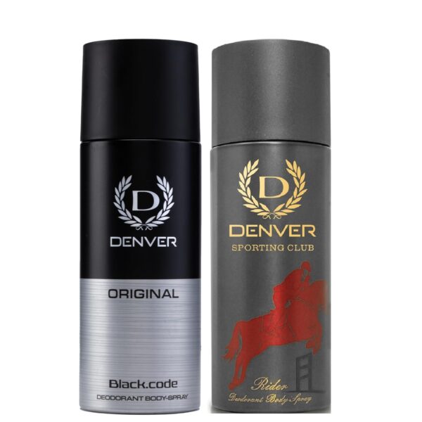 DENVER Black Code Original & Sporting Club Rider Deodorant - 200ML Each (Pack of 2) | Long Lasting Deo Body Spray - For Men