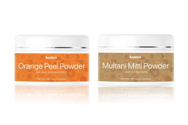 Beaface Combo pack of Orange Peel Skin Natural Bleacher - 100gm | Multani Mitti Powder Acne Remover - 100gm (Pack of 2)