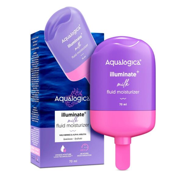 Aqualogica Illuminate + Milk Fluid Moisturizer with Wild Berries & Alpha Arbutin | Lightweight Milk-Like Texture | Evens Skin Tone | 48Hr Deep Moisturization I For Oily To Combination Skin | Non Sticky, Quick Absorbing & Hydrating | 70 ml - Fast Shipping to USA & Canada