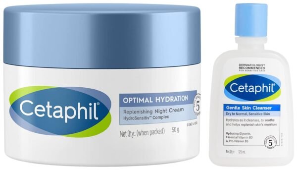 Cetaphil Gentle Skin Cleanser 125ml Hydrating with Niacinamide Vitamin B5 Optimal Hydration Replenishing Night Cream 50g Lightweight & Fast Absorption Hyaluronic Acid Blue Daisy Extract Niacinamide - Fast Shipping to USA & Canada