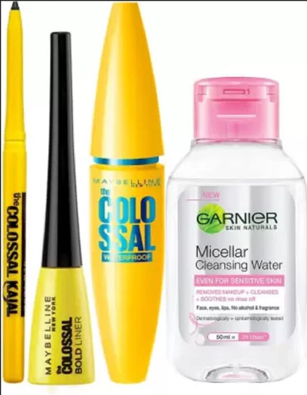 MAYBELLINE NEW YORK Sara's Eye Makeup Favourites (Colossal Kajal, Colosal Bold Liner and Colossal Waterproof Mascara with Micellar 50ml Free) (Black, 144.3 g) - Fast Shipping to USA & Canada