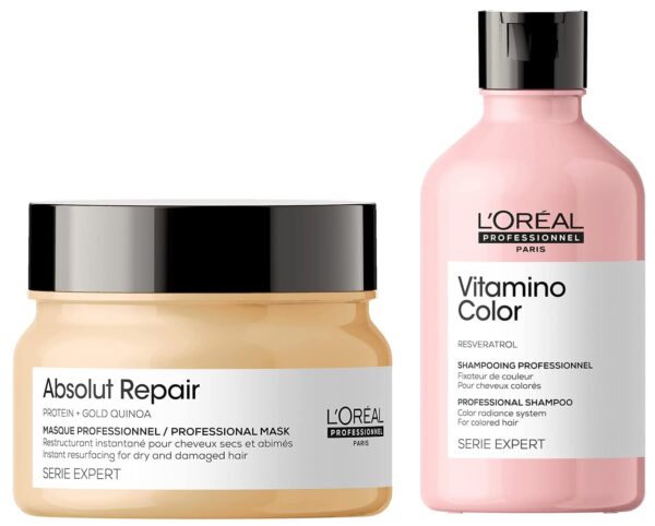 L'OREAL PROFESSIONNEL PARIS Serie Expert Vitamino Shampoo Protects Hair Colour From Fading,Adds Shine With Antioxidant Properties&Serie Expert Absolut Repair Masque 250 Gm,For Dry&Damaged Hair - Fast Shipping to USA & Canada