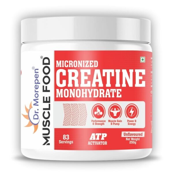 Dr. Morepen Muscle Food Creatine Monohydrate | Creatine Supplement for Lean Muscle Volumization, Strength & Energy - Unflavoured - 83 Servings - 250g - Fast Shipping to USA