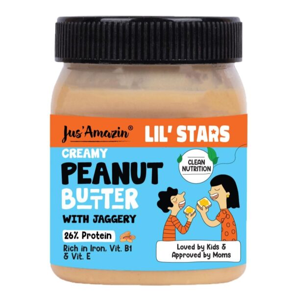 Jus' Amazin Lil Stars Peanut Butter with Jaggery (325g) | Yummy, Clean & Nutritious Peanut Butter for Kids | 90% Peanuts, mildly sweetened with Jaggery | No Hydrogenated Fats, No Refined Sugar, No Chemicals | Clean Nutrition | Dairy-Free - Fast Shipping to USA & Canada